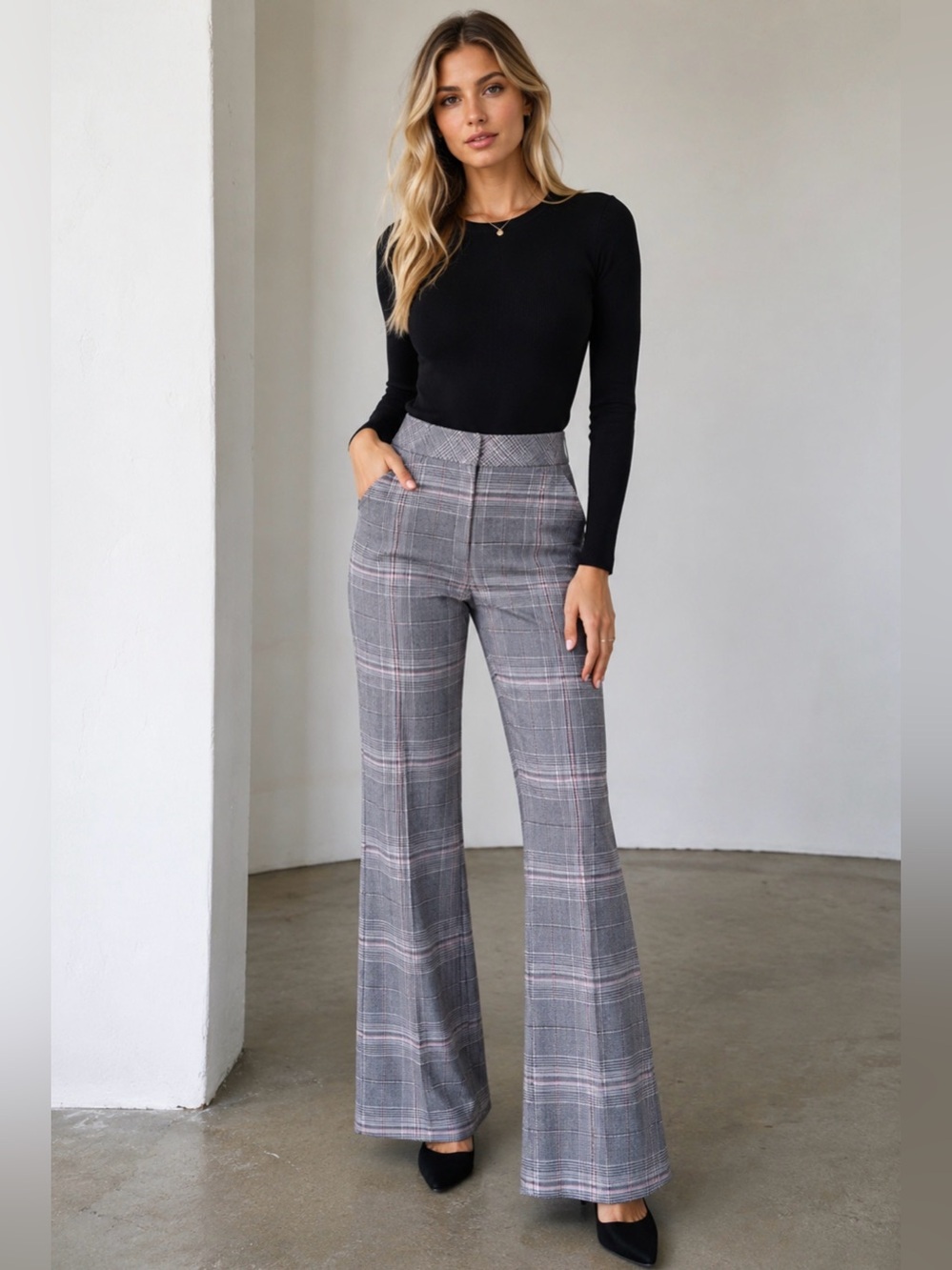 Elie Tahari Gray Plaid Flare Trouser Pants Tailored Dress Pants size 6